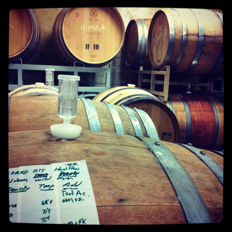 Wine fermentation process French oak barrels handwritten notes Bitcoin winery California craftsmanship